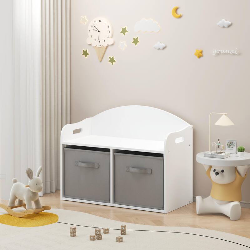 Anmytek White Storage Bench with Fabric Bins Kids Toy Organizer Entryway Seating