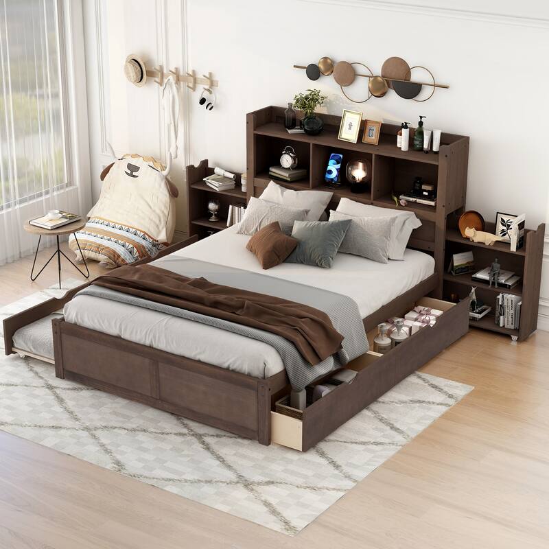 Storage Platform Bed with Pull Out Shelves, Trundle and 2 Drawers