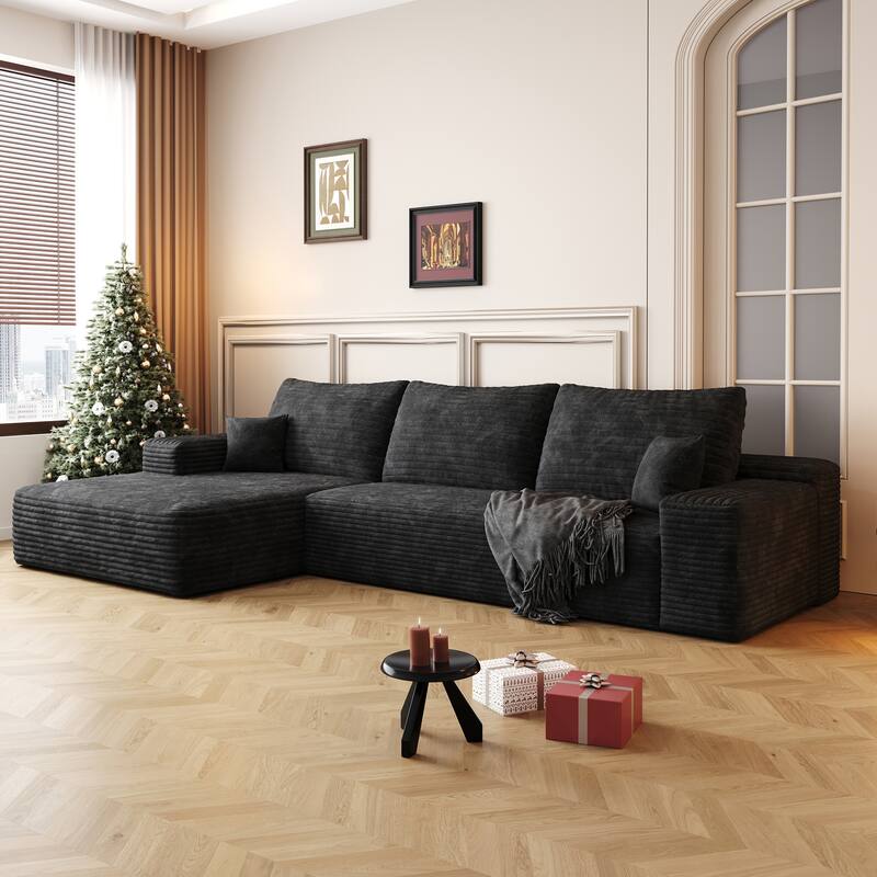 107" L-Shape Chaise Modular Sofa with Deep Seat, Upholstered in Black Plush Corduroy Fabric, No Assembly Required