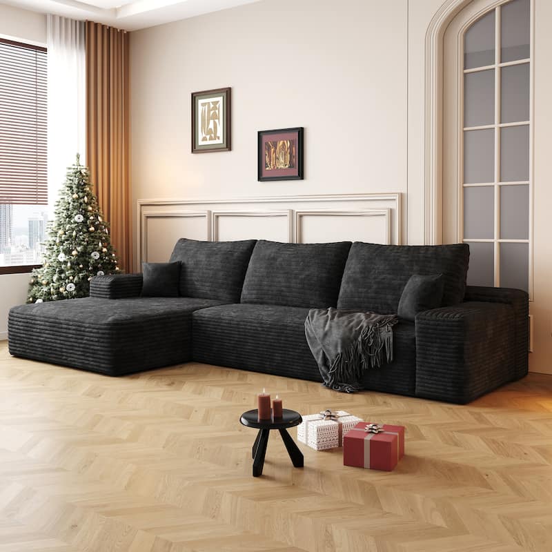 Modern Corduroy Upholstered L-shaped Deep Seat Sectional Sofa with Chaise Lounge, Floor Standing Modular Compression Couch