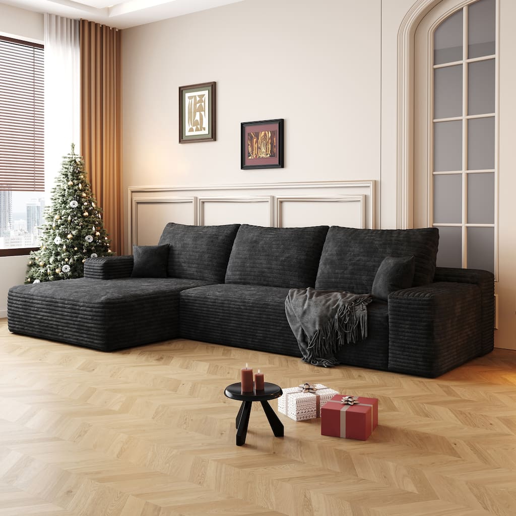 Modular Sectional Sofa with L-Shape Chaise, Oversized Corduroy Upholstered Cloud Couch, Deep Seat Sofa with Pillows