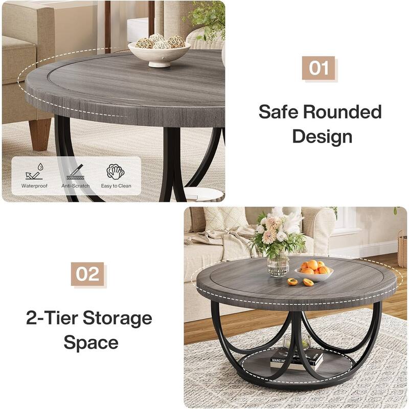 Round Coffee Table with 2 Tiers Storage Shelf for Living Room
