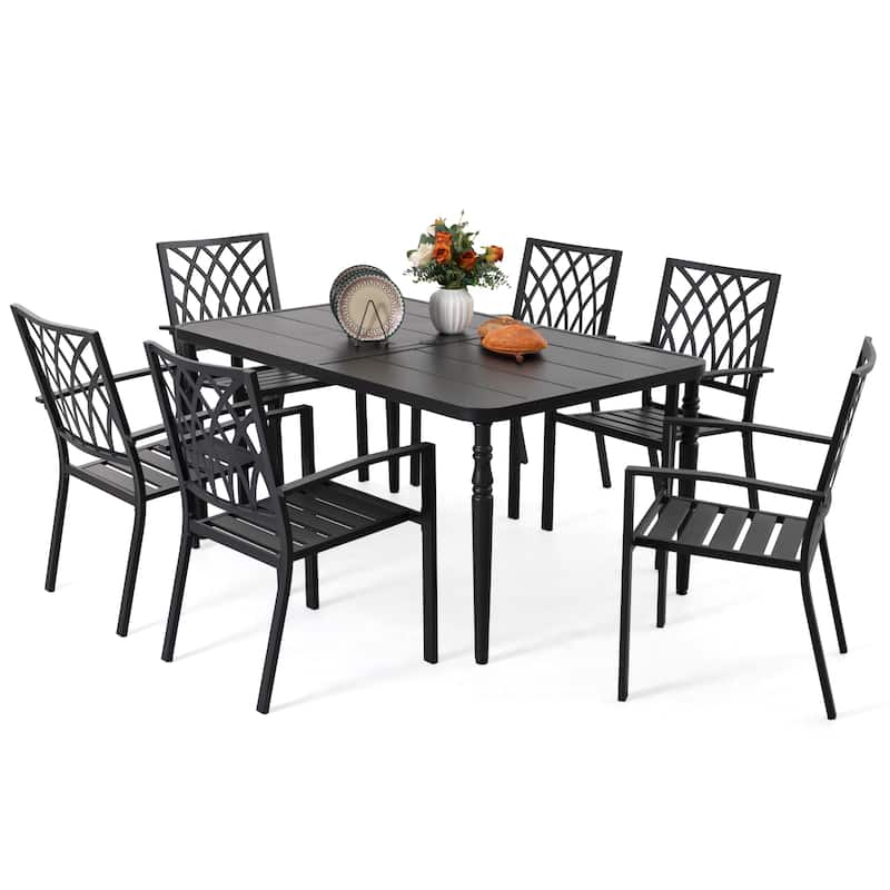 Patio Metal Dining Set with 6 Stackable Chairs and Umbrella Hole, Black