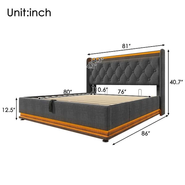 dimension image slide 2 of 8, Lift Up Storage Platform Bed with USB Ports on Linen/PU Upholstered Headboard, 360° LED Low Profile Bed Frame, Remote Control