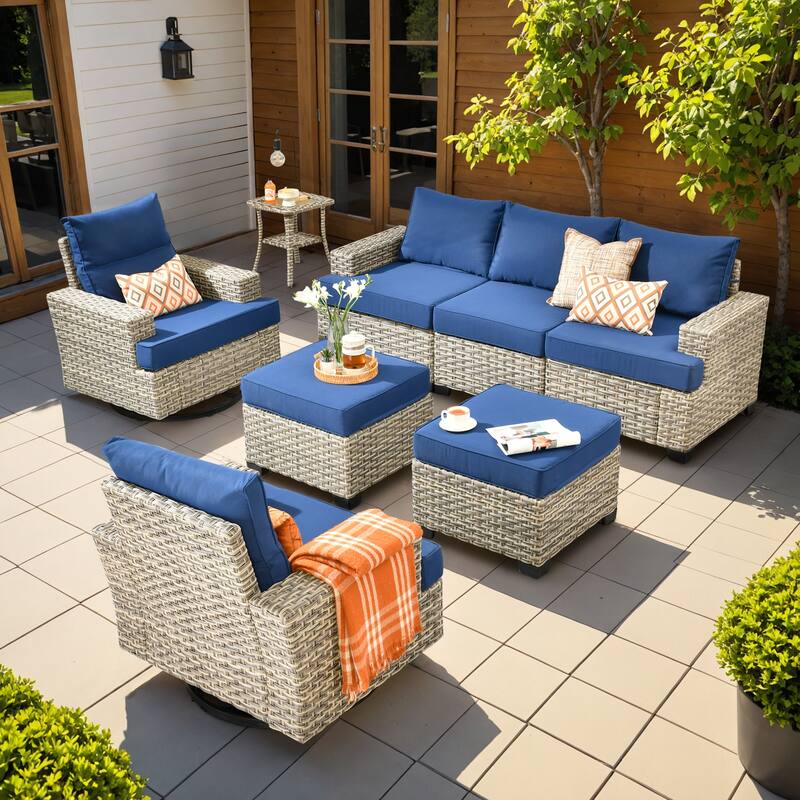 OVIOS 8-Piece T Shaped Seat Swivel Chair Patio Conversation Set - Navy Blue