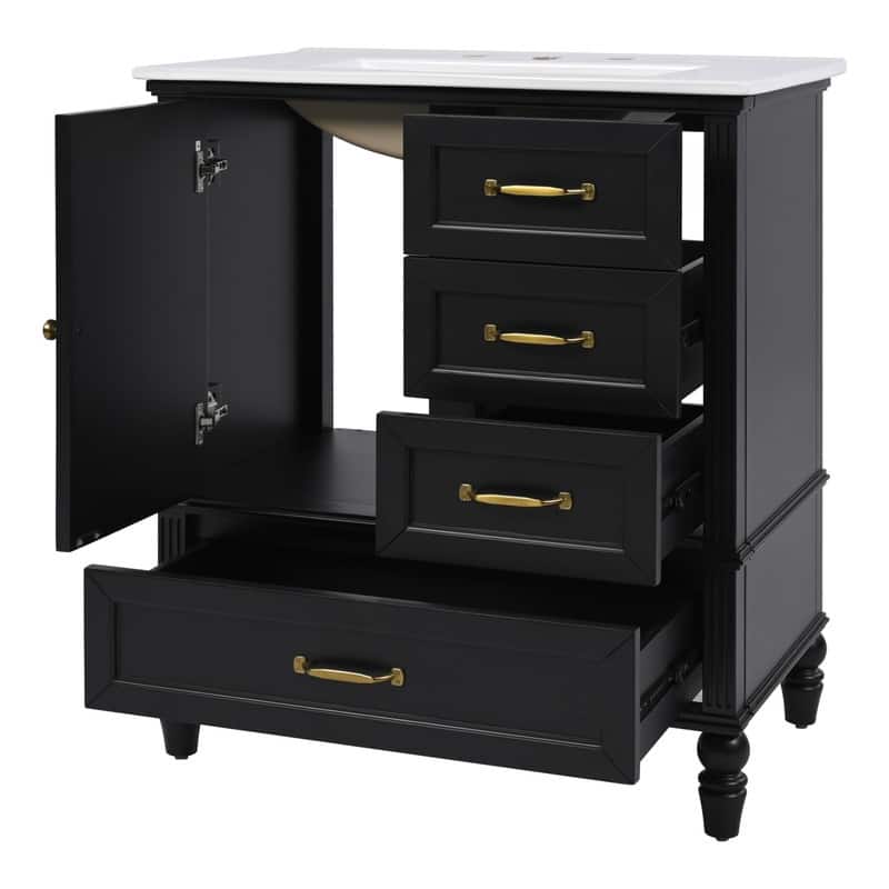 30" Bathroom Vanity with Ceramic Sink Top, Modern Bathroom Storage Cabinet with 1 Door, 3 Drawers and Solid Wood Legs