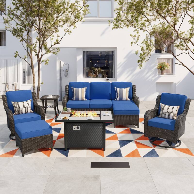 OVIOS 7-piece Patio Swivel Chair Set with 42" Fire Table - Navy Blue-Brown Wicker