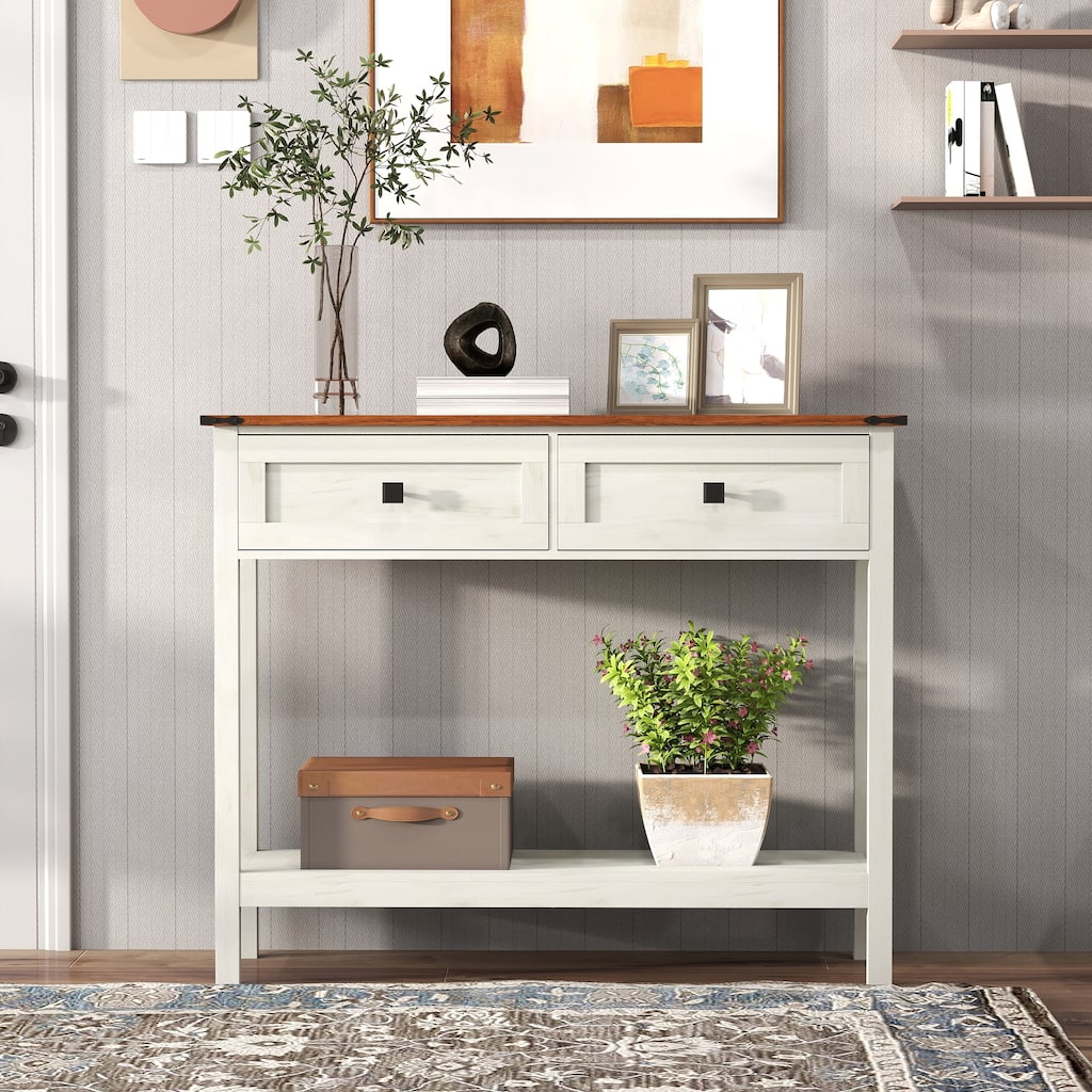 Homy Casa Farmhouse Console Table with 2 Drawers & Bottom Shelf