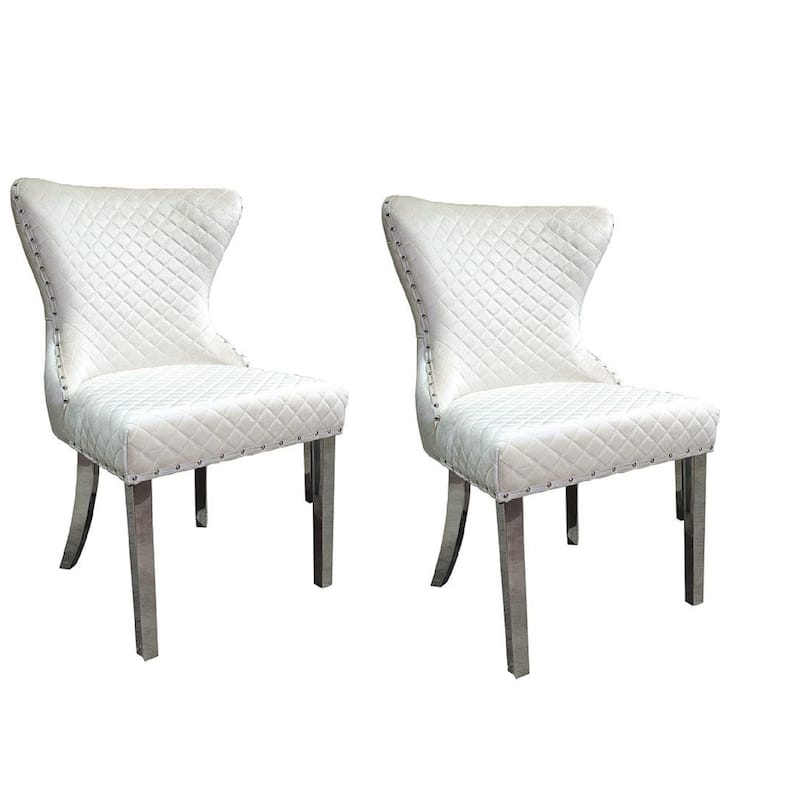 Anova Side Dining Chair Set of 2, Rivet Trim, Silver Stainless Steel, White Fabric