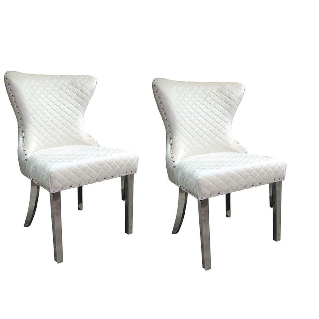 Anova Side Dining Chair Set of 2, Rivet Trim, Silver Stainless Steel, White Fabric