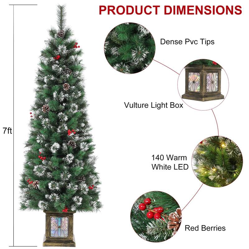 7FT Potted Christmas Tree with 140 Warm Led Lights, Artificial Christmas Tree Outdoor Decor