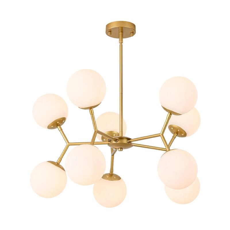 Mid-Century 10-Light Milky Glass Globe Round Branched Chandelier
