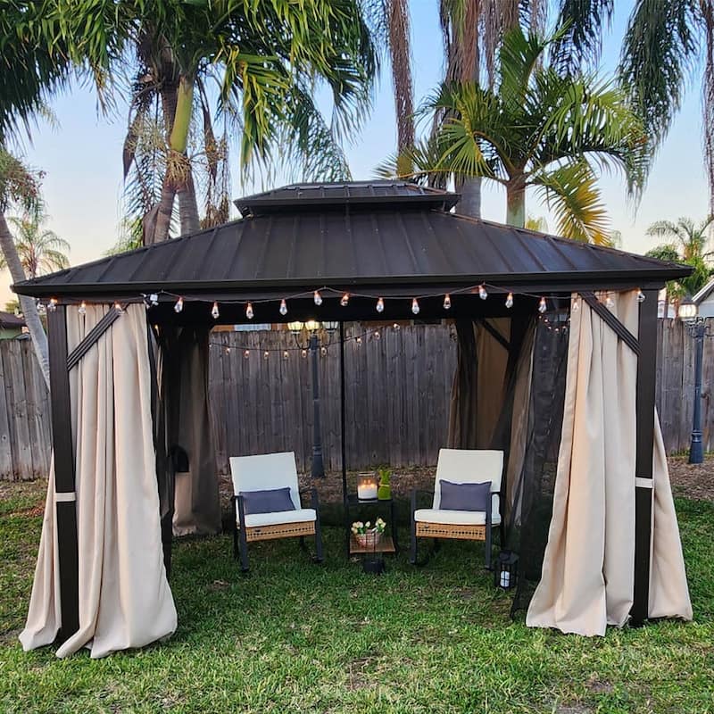 PURPLE LEAF Gazebo Outdoor Gazebo with Dual-Layer Galvanized Steel Double Roof Aluminum Gazebo with Netting and Curtains Bronze