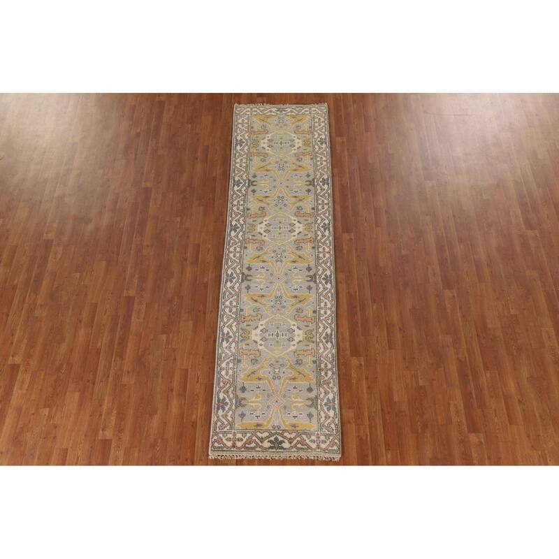 Green Floral Oushak Oriental Runner Rug Handmade Wool Carpet - 2'7"x 9'11"