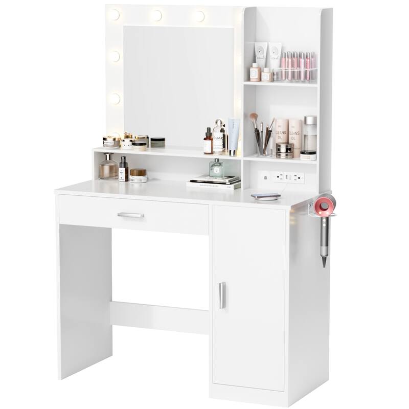 Furniwell Makeup Dresser Desk Table with Lighted Mirror,Vanity Desk with Charging Station, 1 Drawers, 10 LED Light