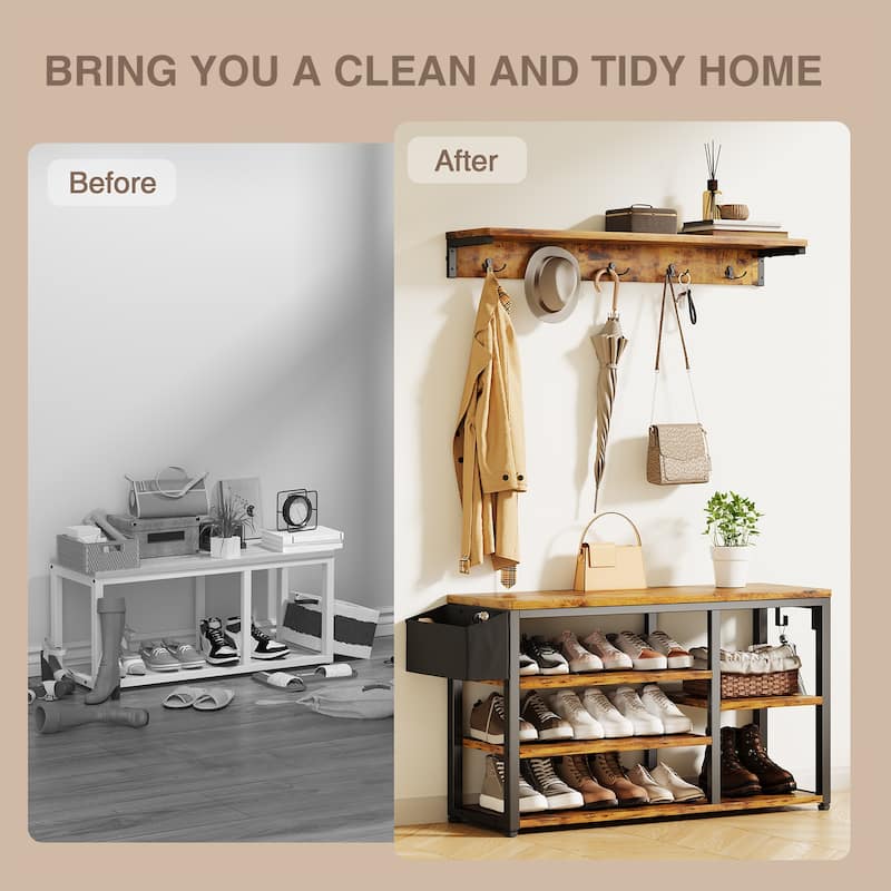 Industrial Hall Tree with 6 Hooks, Entryway Bench with Shoe and Coat Racks