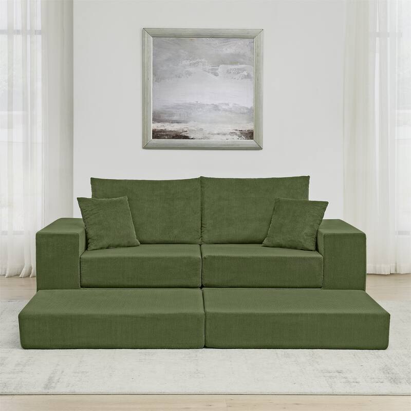 Folding Deep Seat Couch Modular L-shaped Sectional Sofa Corduroy Upholstered Sleeper Sofa Bed with Throw Pillows