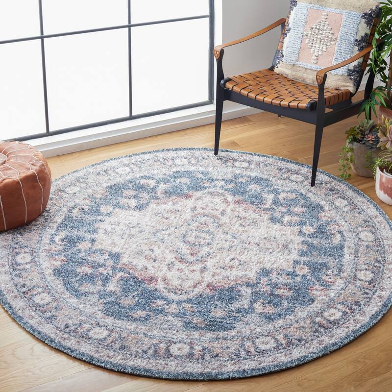 SAFAVIEH Handmade Classic Vintage Grozdana Transitional Polyester Rug - 6' Round - Light Blue/Rust