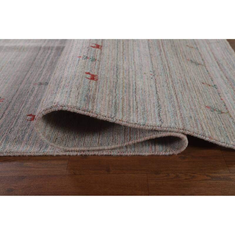 Striped Beige Gabbeh Oriental Area Rug Hand-Knotted Wool Carpet - 9'0"x 11'9"