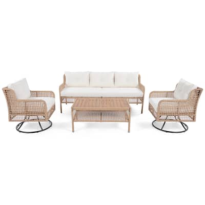 4 Pieces Outdoor PE Rattan Conversation Set for 5 Person, All Weather Patio Wicker Sofa Set with Swivel Chairs and Coffee Table