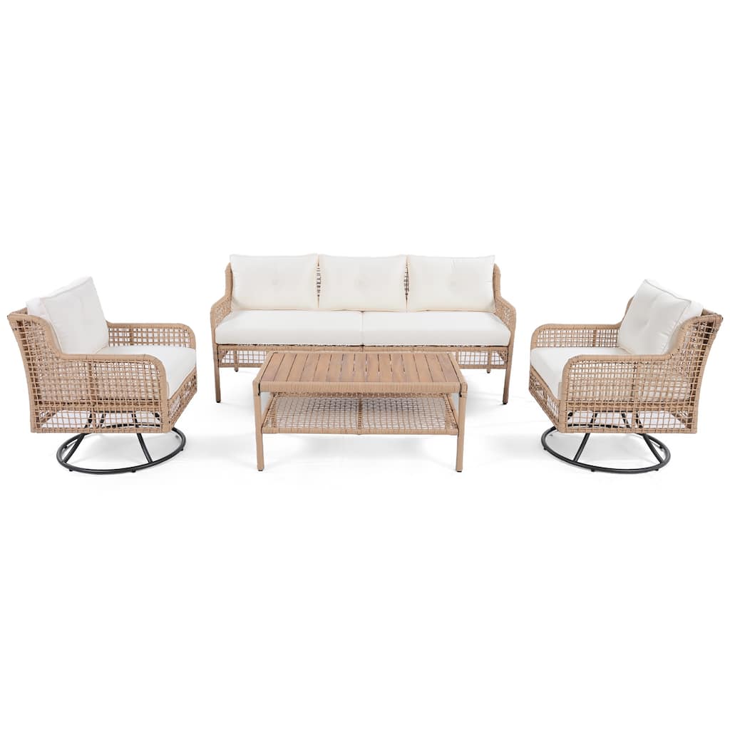 4 Pieces Outdoor PE Rattan Conversation Set for 5 Person, All Weather Patio Wicker Sofa Set with Swivel Chairs and Coffee Table