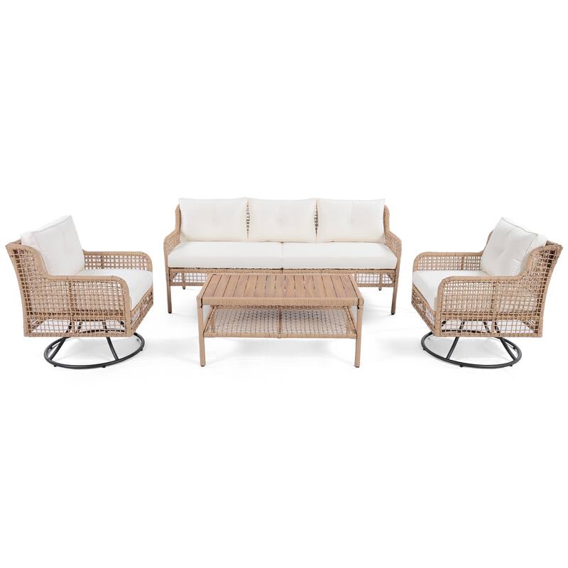 4-Pieces Outdoor Rattan Conversation Sofa Set with Swivel Chairs and Coffee Table