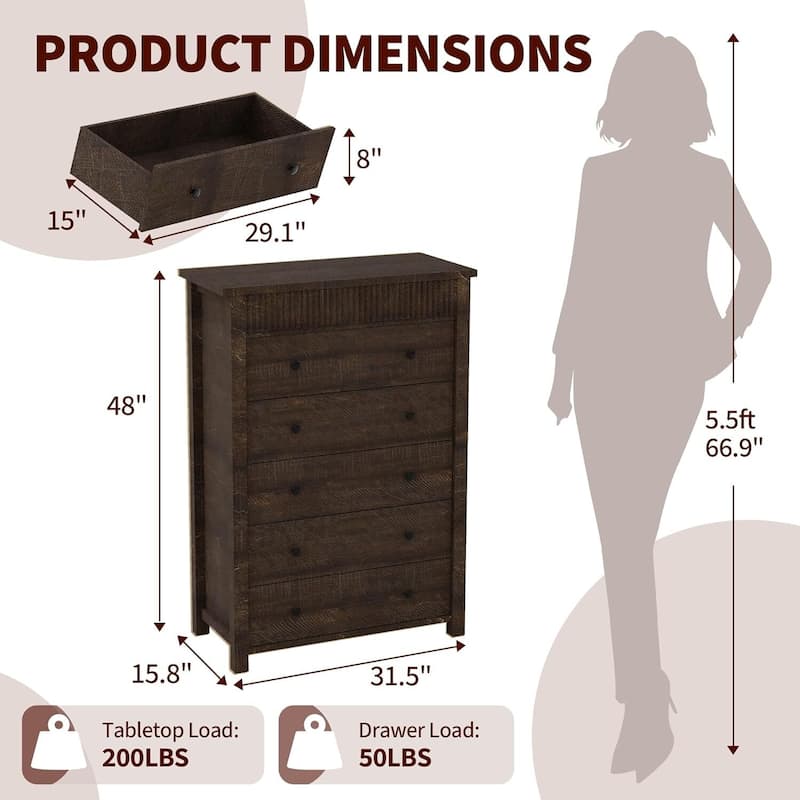 Modern Fluted 5 Drawer Dresser, Chest of Drawers for Bedroom, Living Room, Hallway