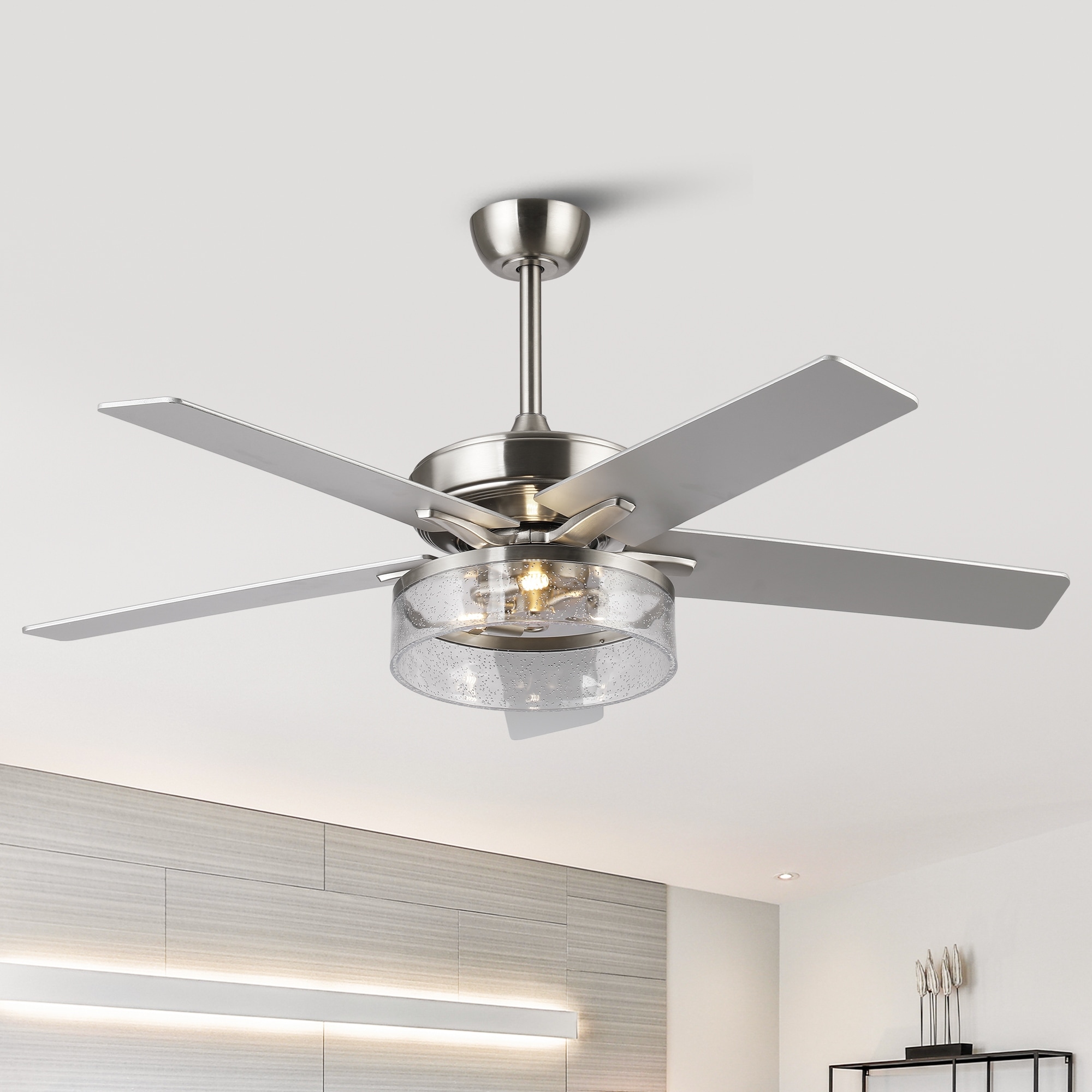 52-inch Modern Satin Nickel Bubble Shade Ceiling Fan with Light and Reversible Blades - 52'' W x 18.7" H