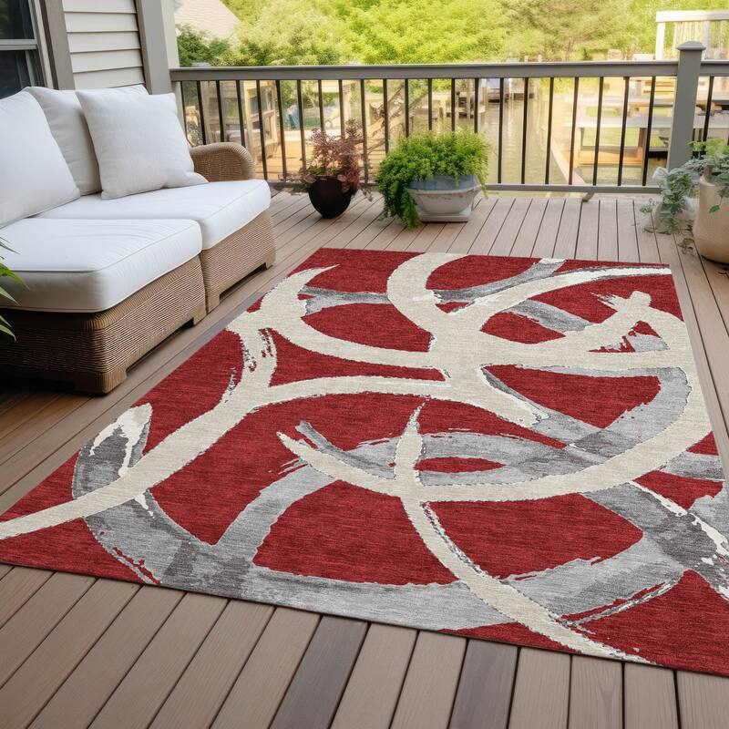 Machine Washable Indoor/ Outdoor Abstract Contemporary Chantille Rug - Red - 5' x 7'6"
