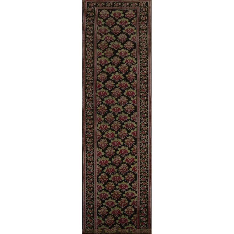 Hand Knotted Oriental 100% Wool Carpet Traditional Floral Black Karabagh Runner Rug - 17' 11'' X 3' 5''
