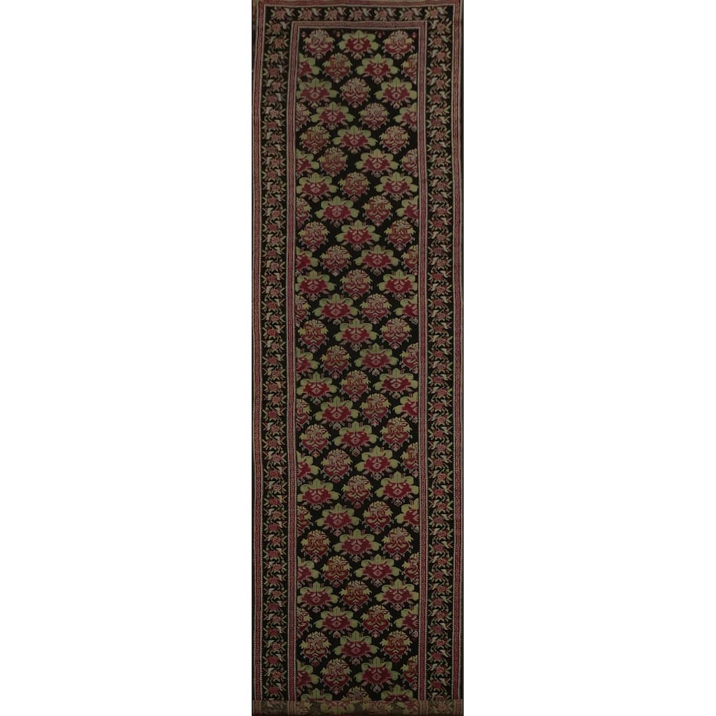 Hand Knotted Oriental 100% Wool Carpet Traditional Floral Black Karabagh Runner Rug - 17' 11'' X 3' 5''