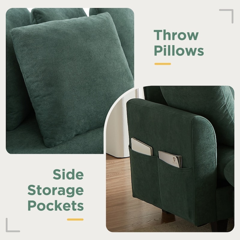 83" Upholstered Sectional Sofa with Movable Ottoman and Six Pillows, Ample Storage Space