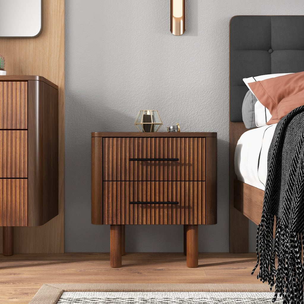 Mid Century Modern Walnut Solid Wood Nightstand with 2 Drawers, Bedside Table with Storage for Bedroom or Guest Room