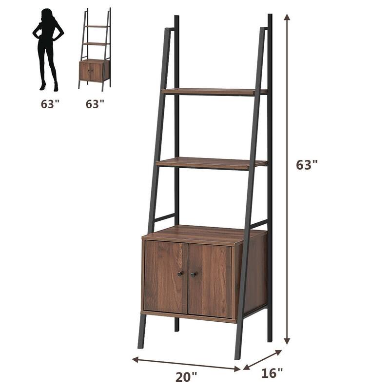 3-Tier Ladder Shelf Metal Frame Bookcase with Cabinet for Storage - 20.5" x 15.5" x 63"