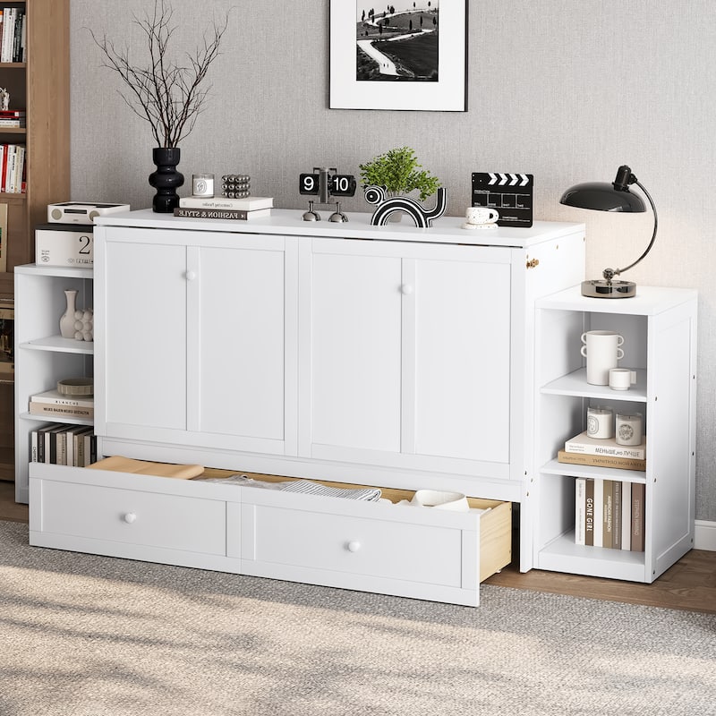 Foldable Wall Cabinet Queen Murphy Bed with Drawers and Open Shelves