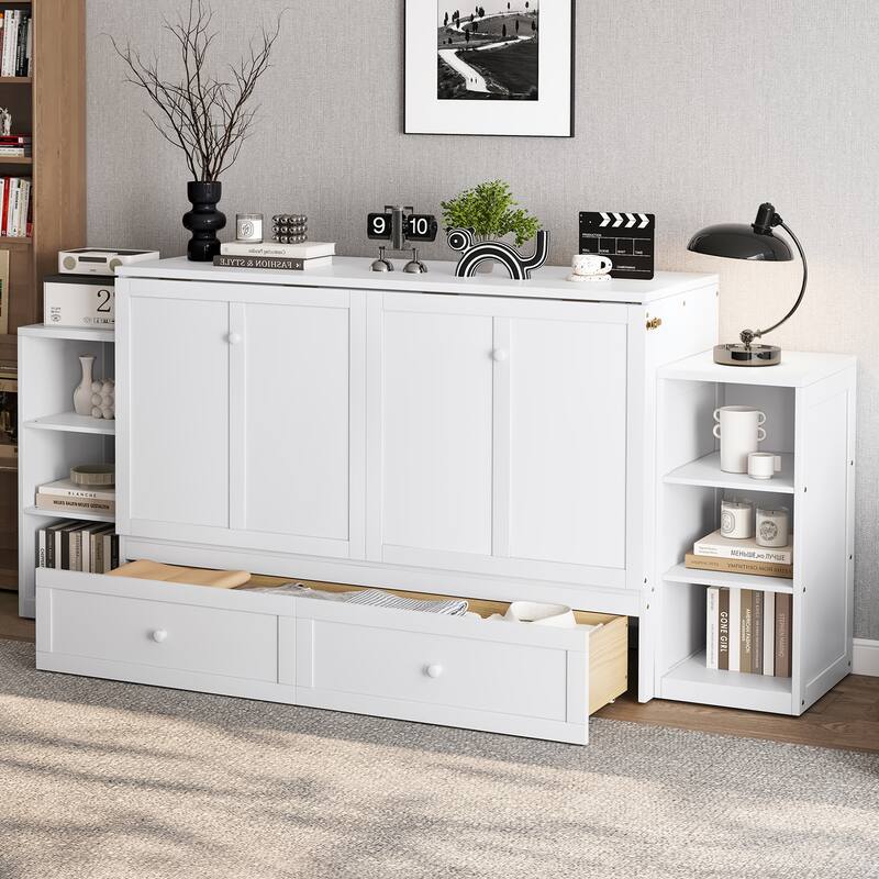 Roomfitters Murphy Bed with Storage Drawers and Shelves, Solid Wood Wall Bed Cabinet