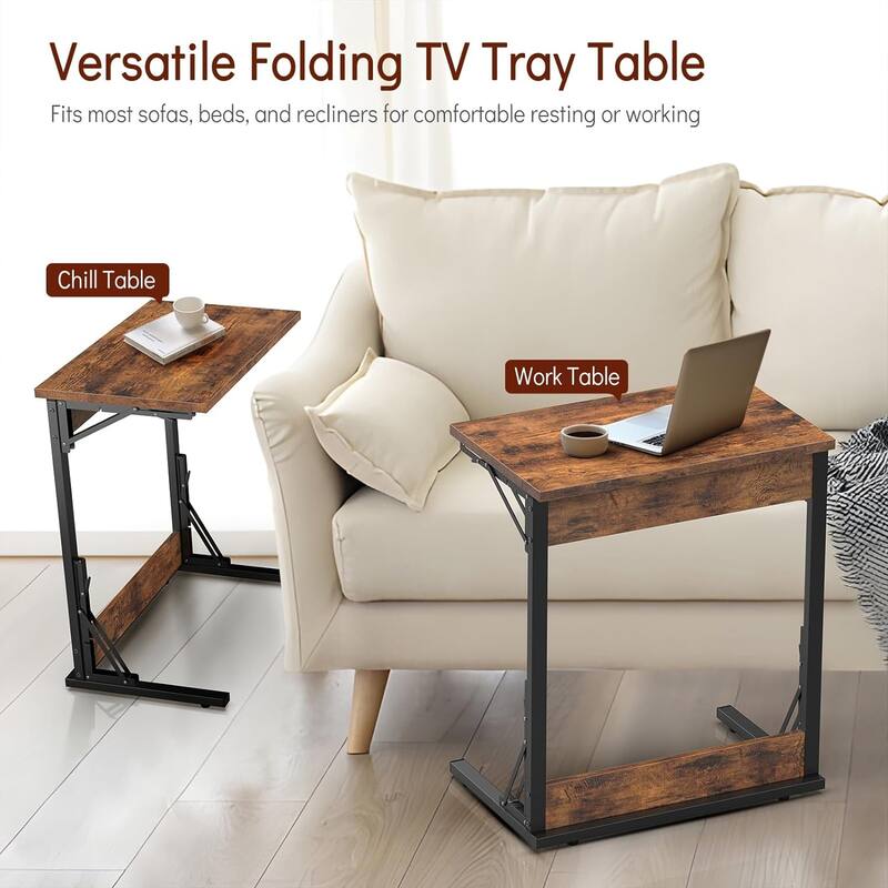 24" Folding C Shaped End Table, Small Sofa Side Laptop Desk