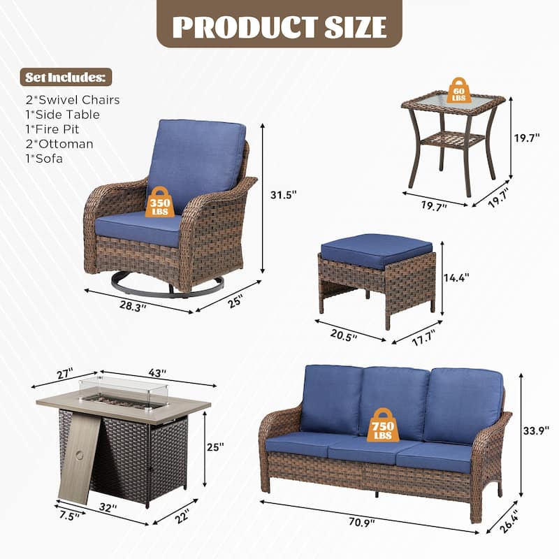 Cavira Brown Wicker Patio Fire Pit Conversation Set with Swivel Gliders