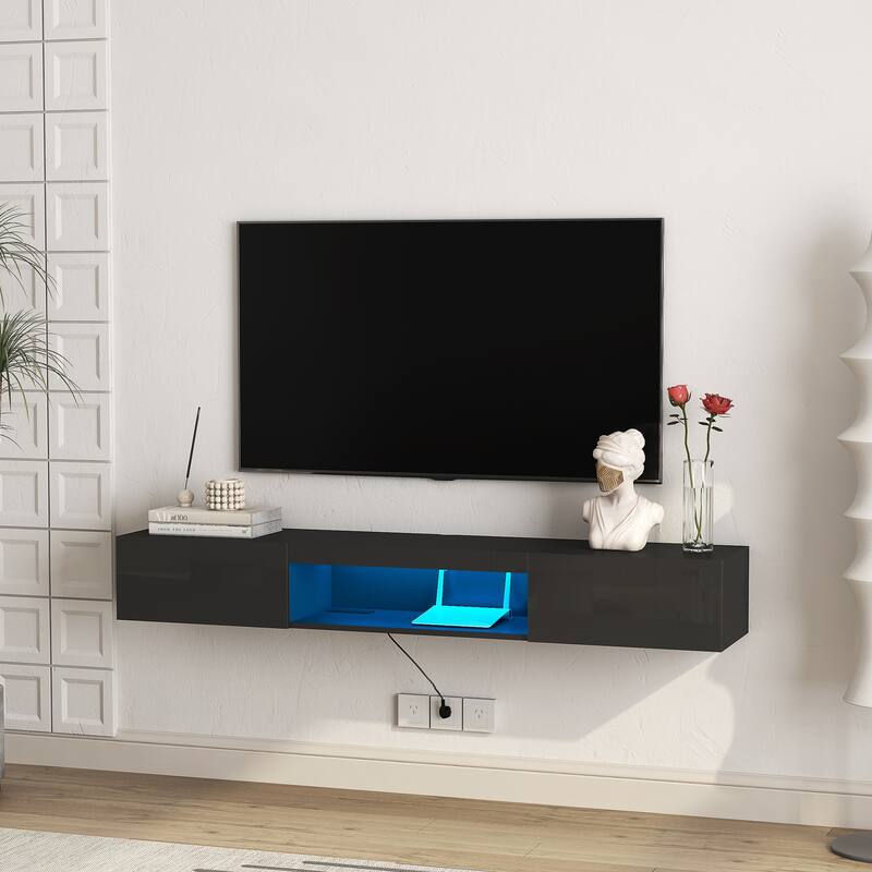 Floating TV Stand Wall Mounted with 16 Color LEDs, 63" Modern TV Stand, Entertainment Center with Open Storage Compartment