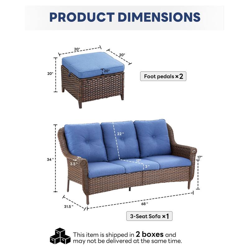 Outdoor Patio 3-Seat Sofa with 2 Ottomans