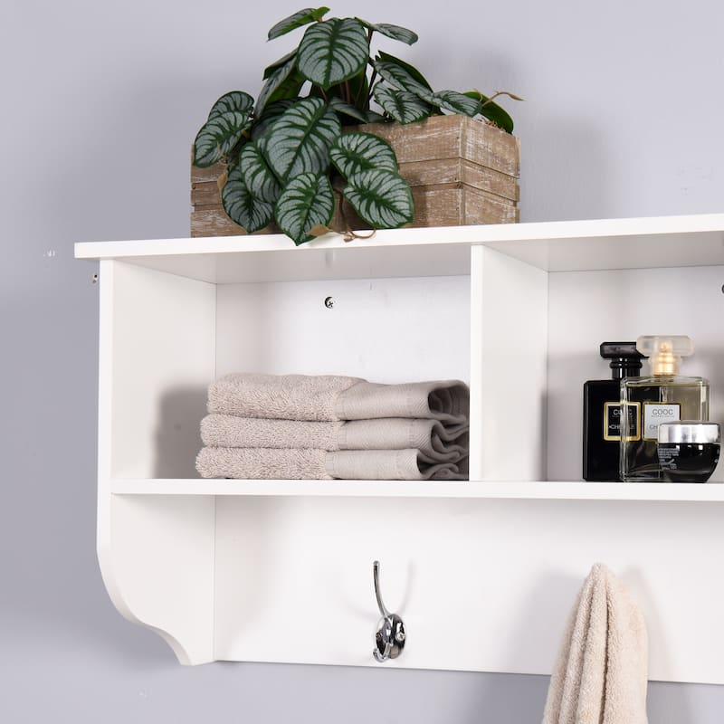 Entryway Wall Mounted Coat Rack with 4 Dual Hooks Living Room Wooden Storage Shelf