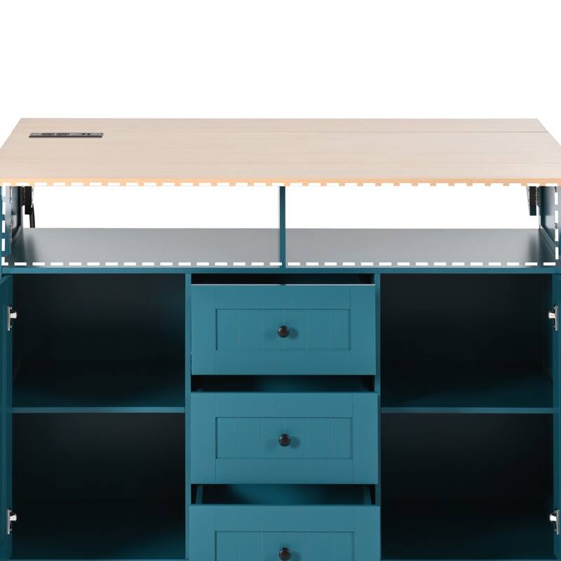 55.75'' Kitchen Island with 2 Drop Leaf, Rolling Wheels, Power Outlet, Spice & Towel Rack and 3 Drawers