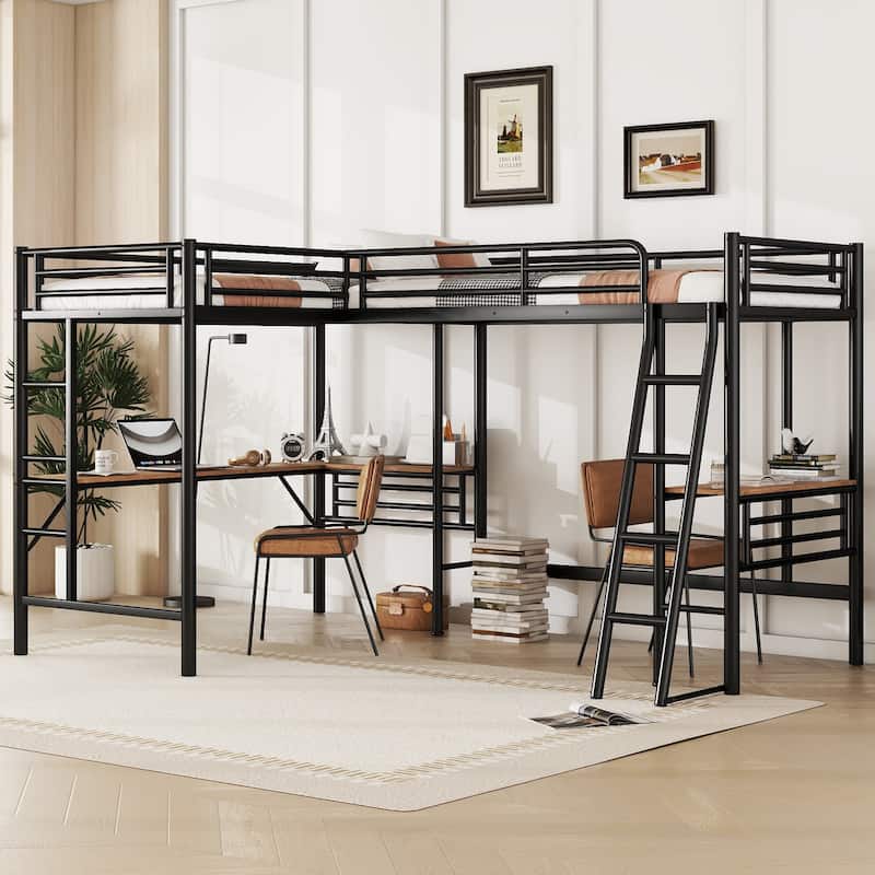 Twin Size L Shaped Loft Bed with 2 Desk, Heavy-Duty Steel Bed Frame with Safety Guardrails & 2 Ladders for Kids Teens Girls Boys - Black - Twin
