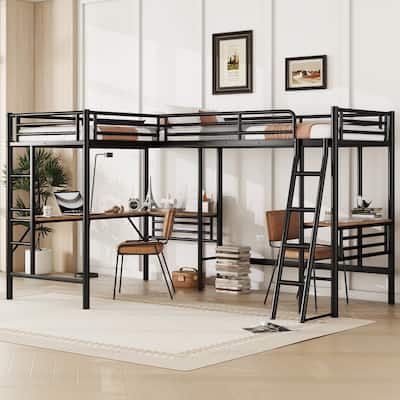 Twin Size L Shaped Loft Bed with 2 Desk, Heavy-Duty Steel Bed Frame with Safety Guardrails & 2 Ladders for Kids Teens Girls Boys
