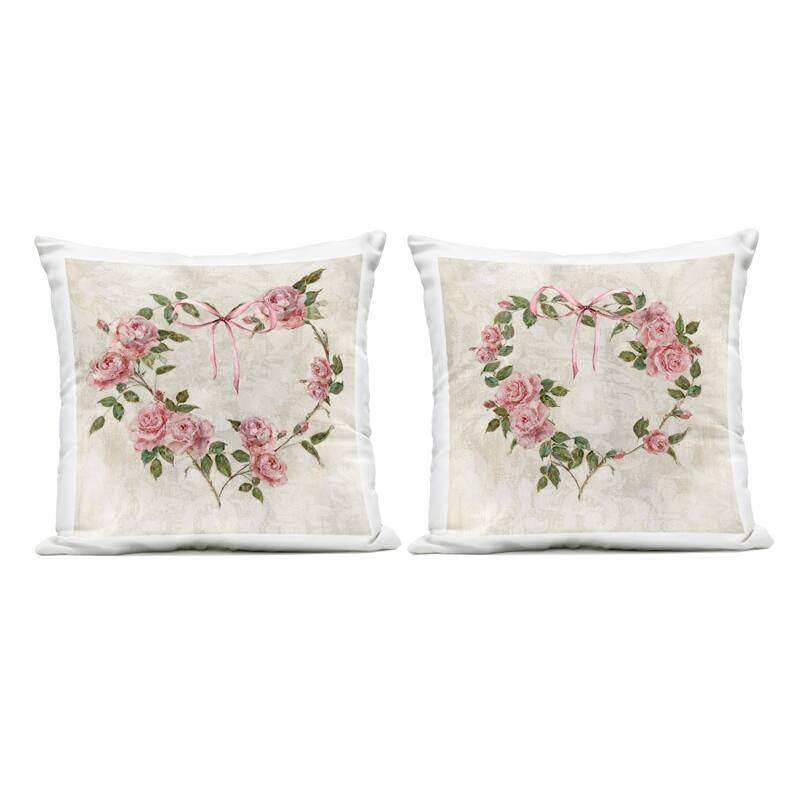 Stupell Heart Shaped Wreaths Printed Outdoor Throw Pillow Design by Sally Swatland (Set of 2) - Pillow Sets - Polyester - Pink - Set of 2