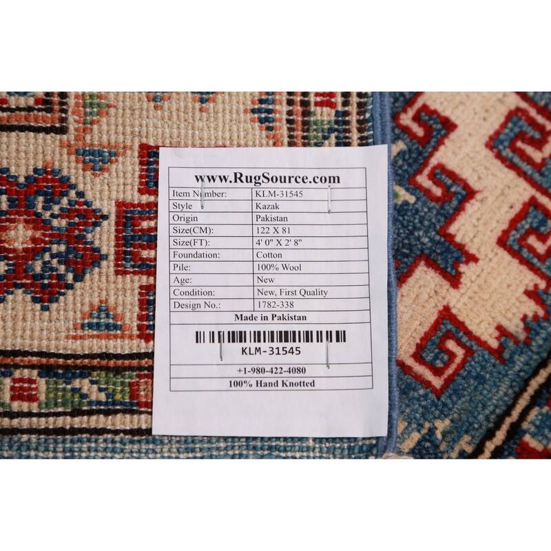 Geometric Blue Kazak Foyer Rug Hand-Knotted Accent Wool Carpet - 2'8"x 4'0"