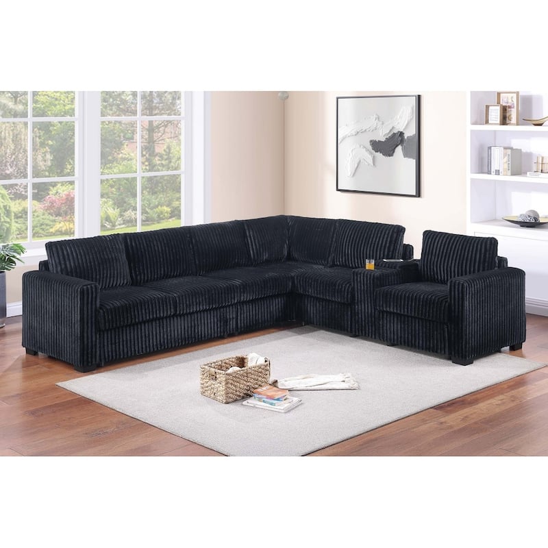 119" Modern L-Shaped Corduroy Sectional Sofa with USB Ports and Cup Holder - Black