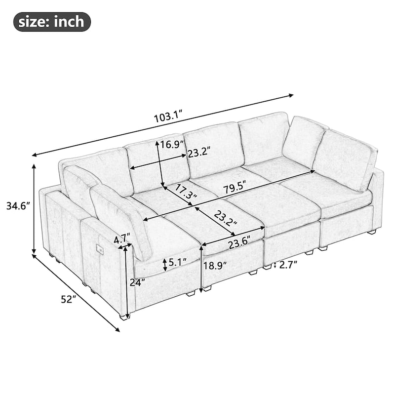103" 6 Seat Modular Sectional Sofa Set with Ottoman and USB Ports