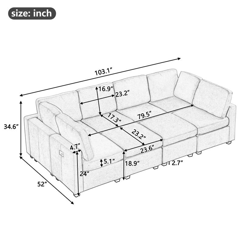 103" Sectional Sofa Couch Sofa Bed U-shaped Sofa with Two Movable Ottoman and Three USB Ports