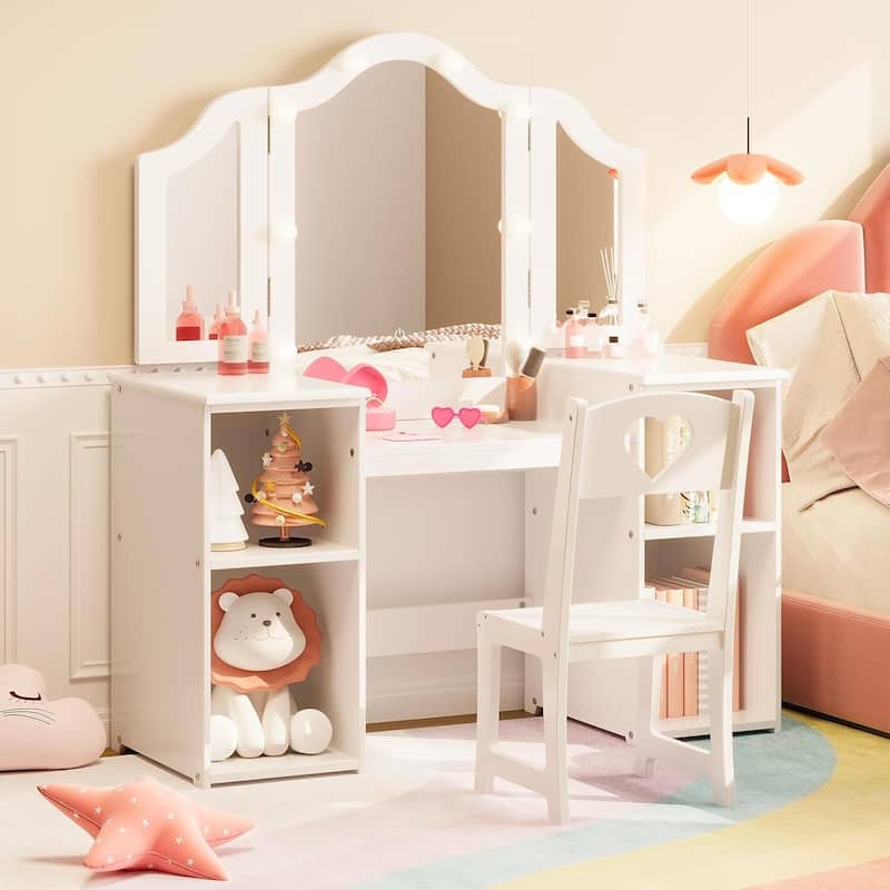 Kids Vanity Table, Princess Makeup Desk Set for Toddler